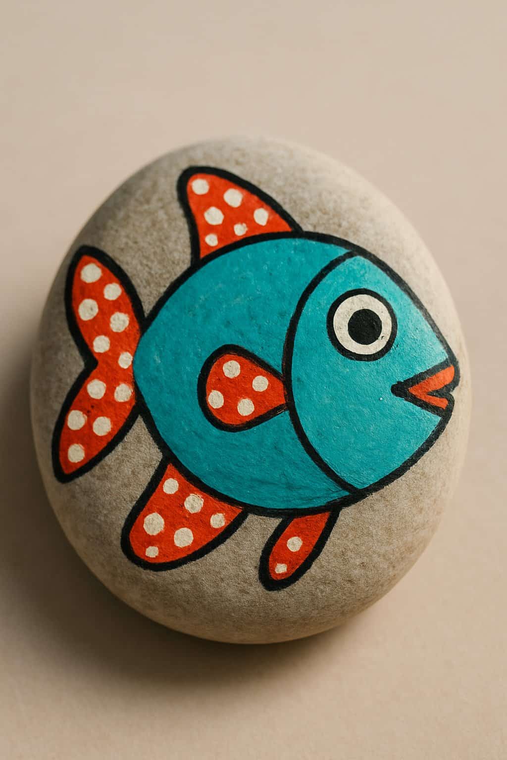 A single smooth river rock painted with a colorful fish design featuring polka dot fins, placed on a neutral background.