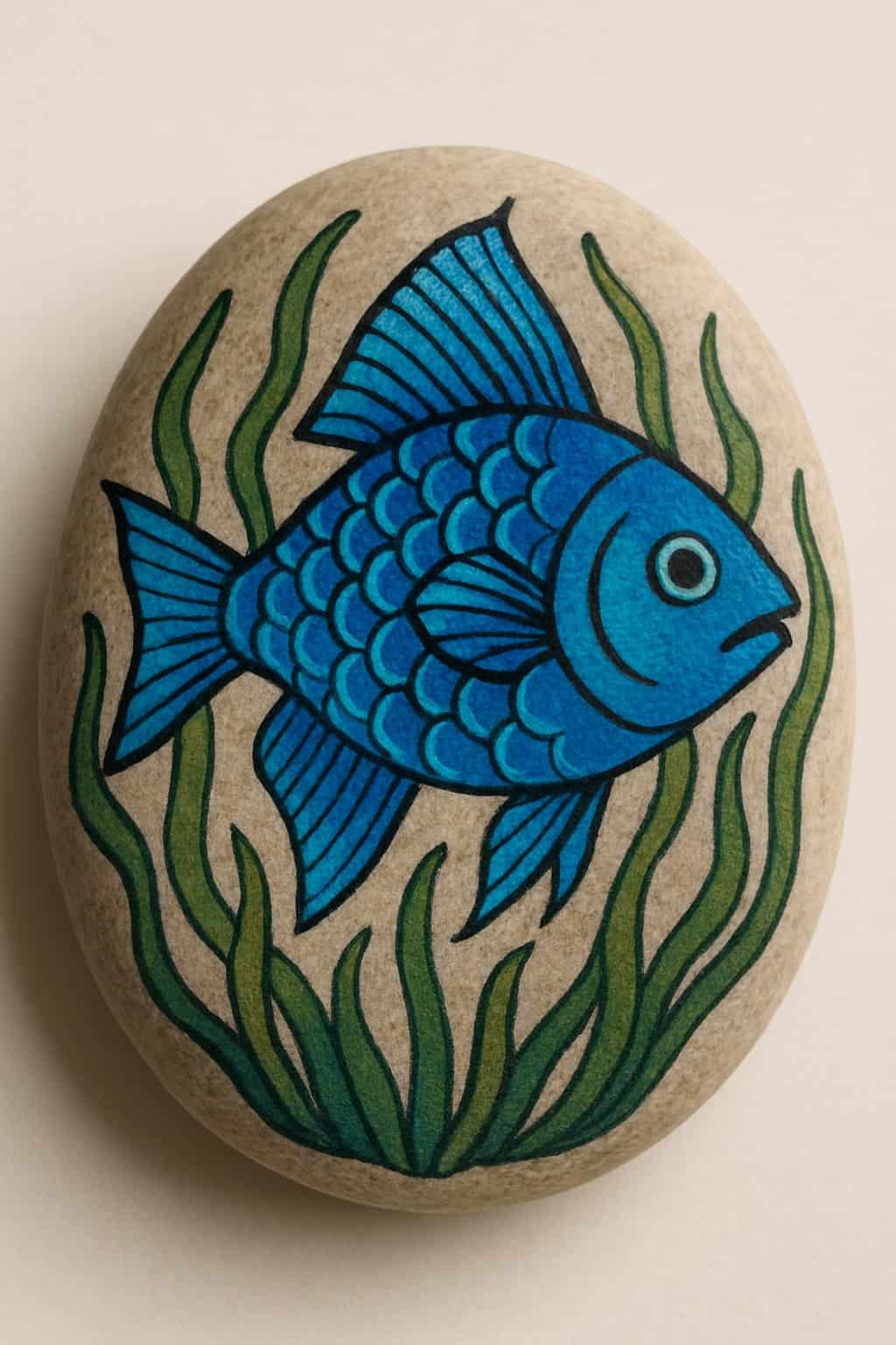 A single smooth river rock painted with a blue fish swimming among seaweed on a neutral background.