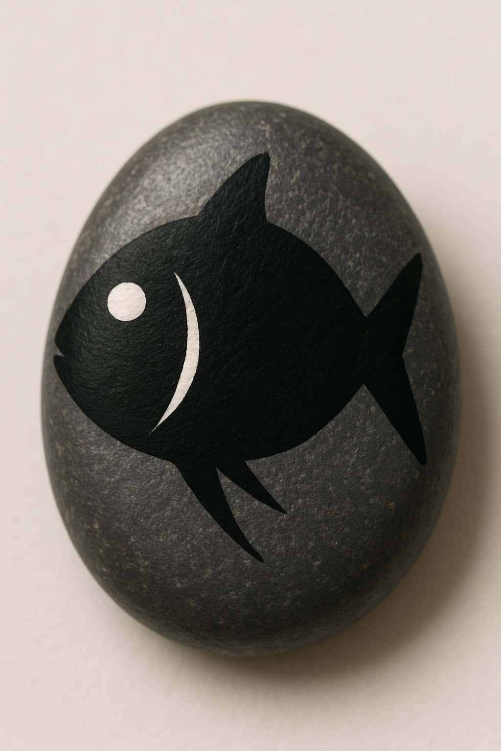A single smooth river rock painted to look like a black fish with a white eye dot on a plain background.
