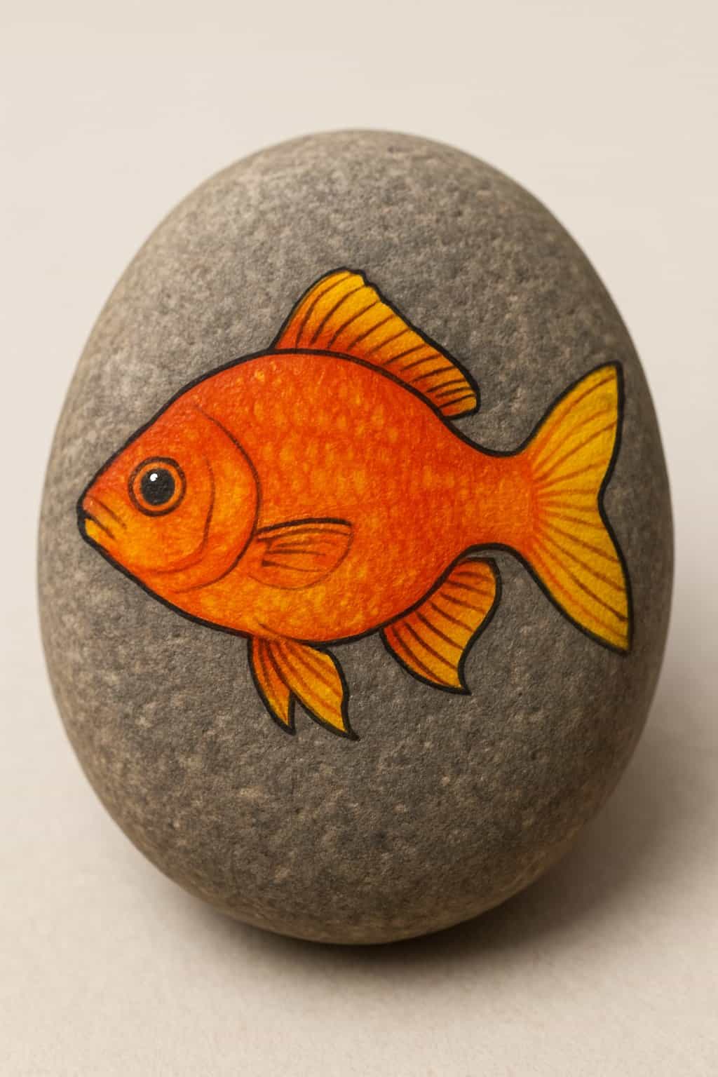 A close-up of a single smooth river rock painted with an orange fish with a yellow tail on a neutral background.