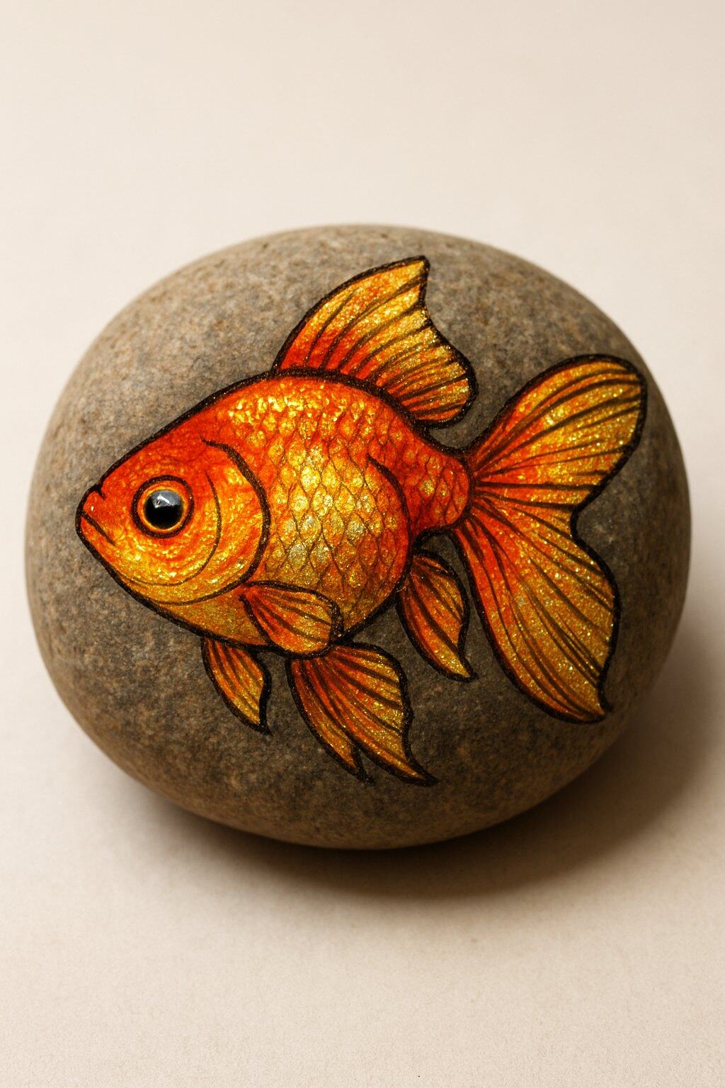 A close-up image of a smooth river rock painted with a goldfish design on a plain background.