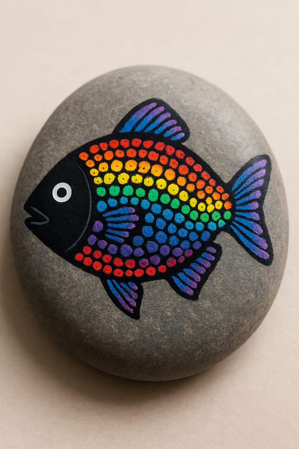 Close-up photo of a single smooth river rock painted with a colorful fish design featuring rainbow dots on a plain background.