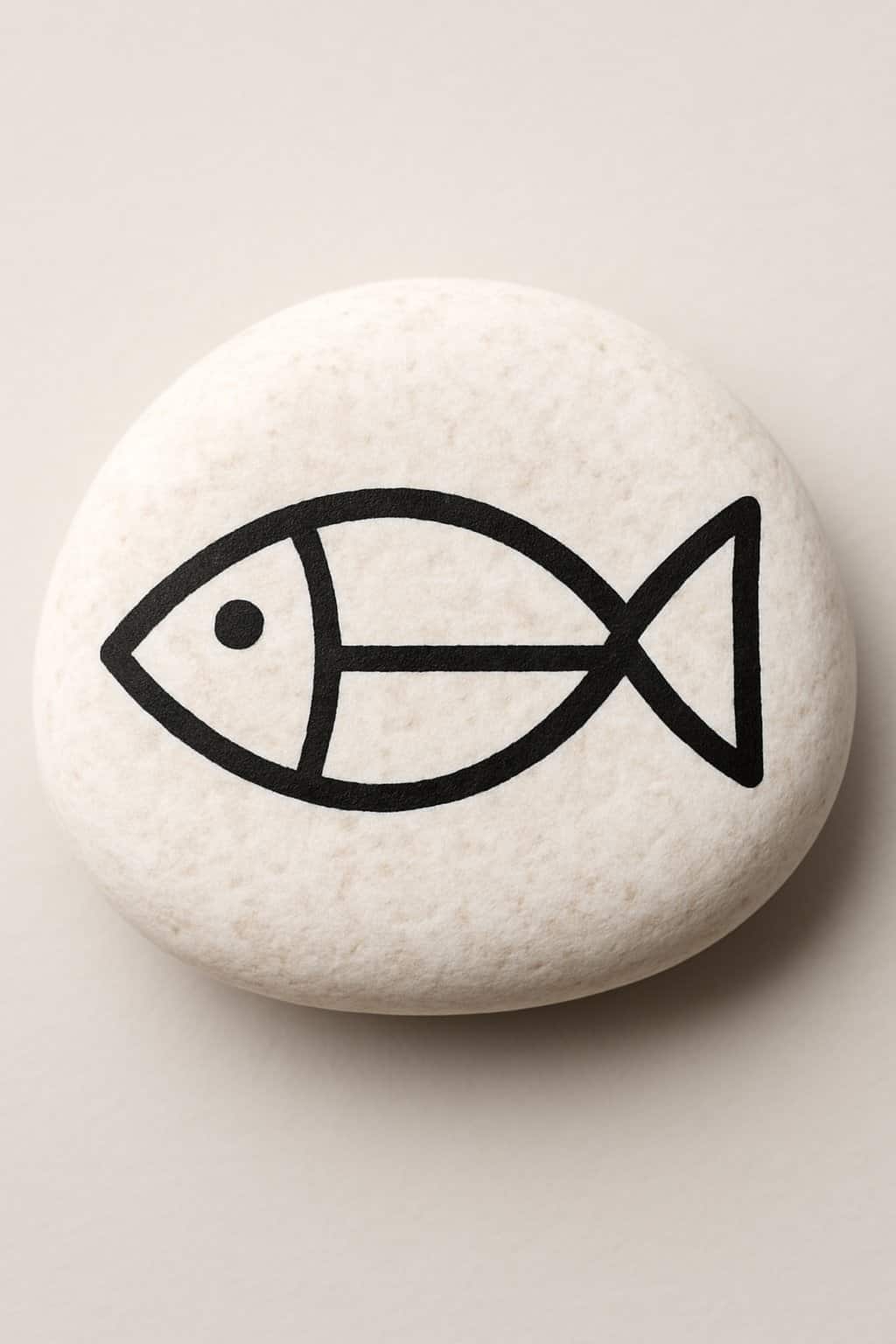 A close-up of a single smooth river rock painted with a simple fish outline on a plain background.