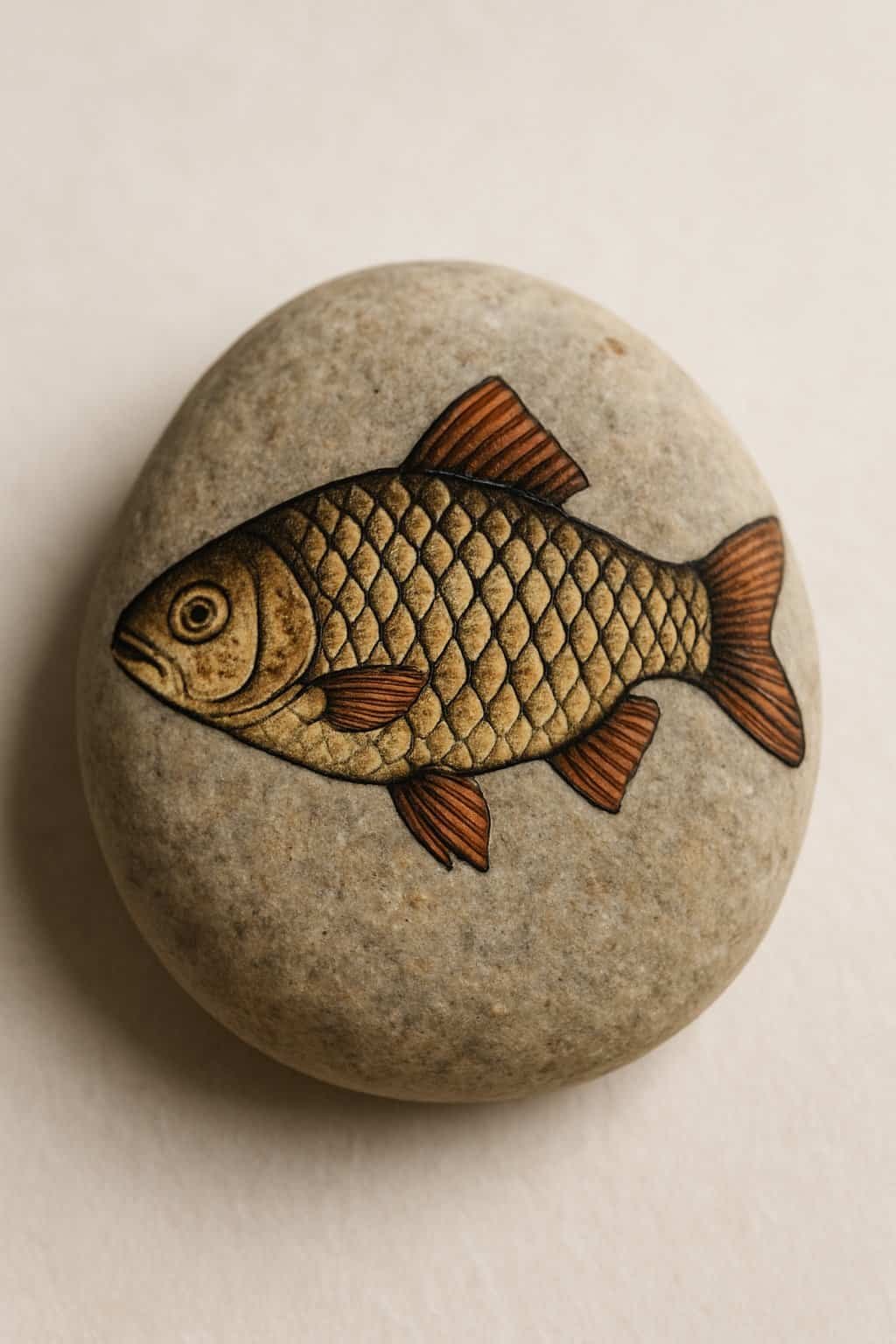 A single smooth river rock painted with a small fish design showing detailed scales, isolated on a neutral background.