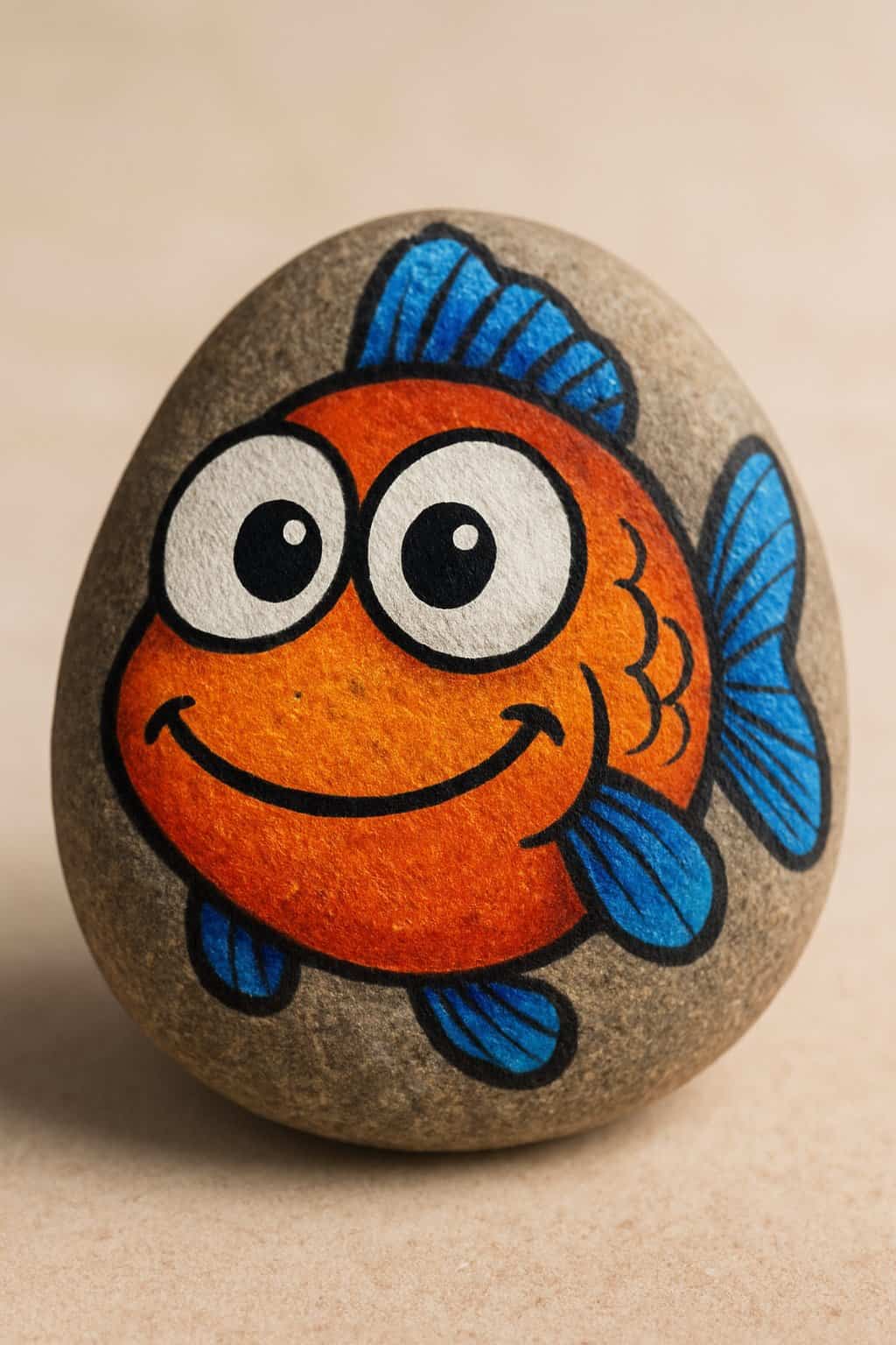A single smooth river rock painted with a colorful fish design featuring large cartoon eyes, shown against a plain background.