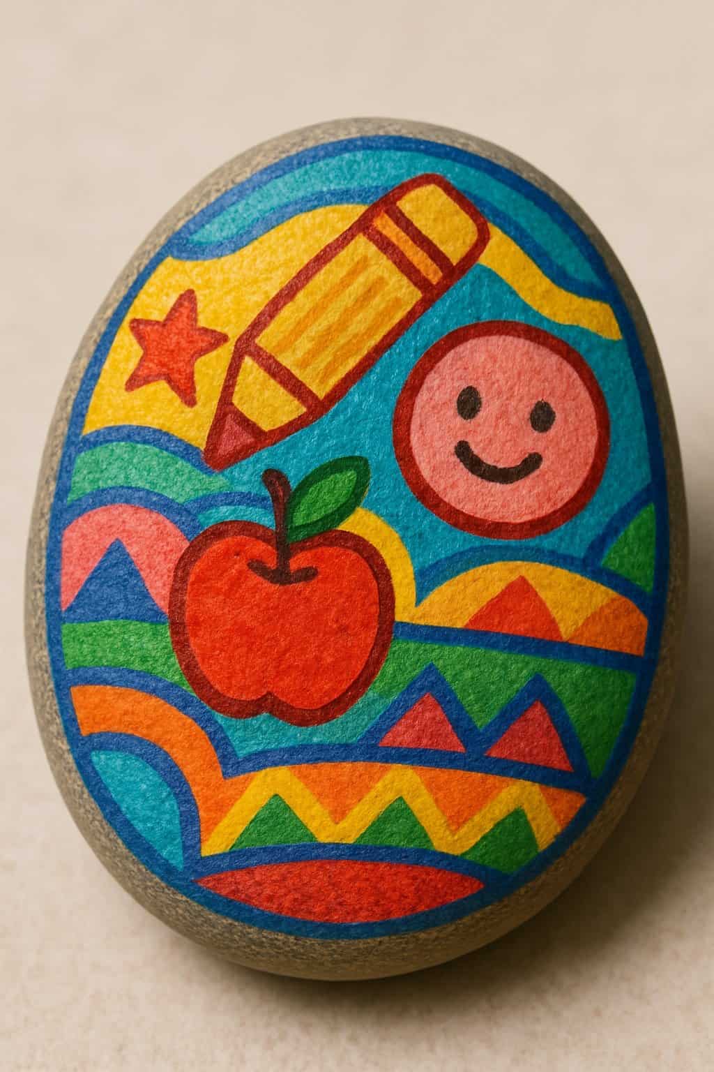 A close-up image of a single painted smooth river rock with colorful, symmetrical patterns on a plain neutral background.