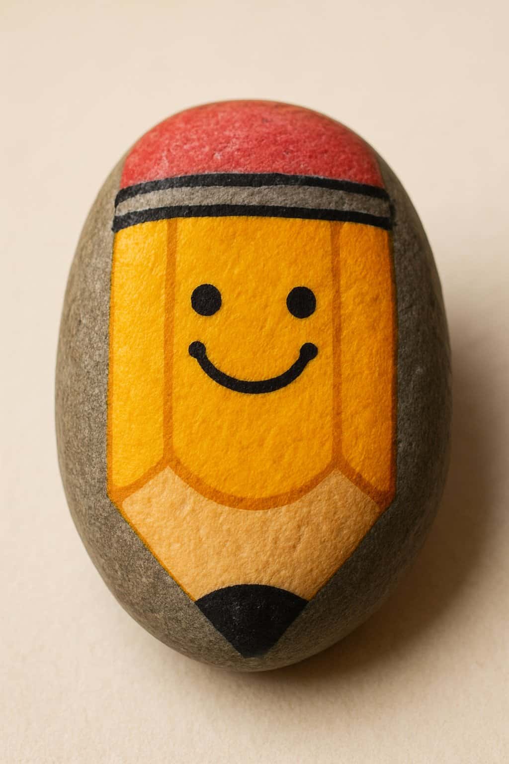 A single smooth river rock painted with a smiling pencil design on a plain background.