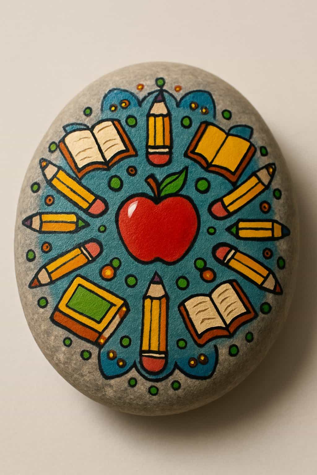 A close-up of a single smooth painted river rock with colorful school-themed designs on a plain background.