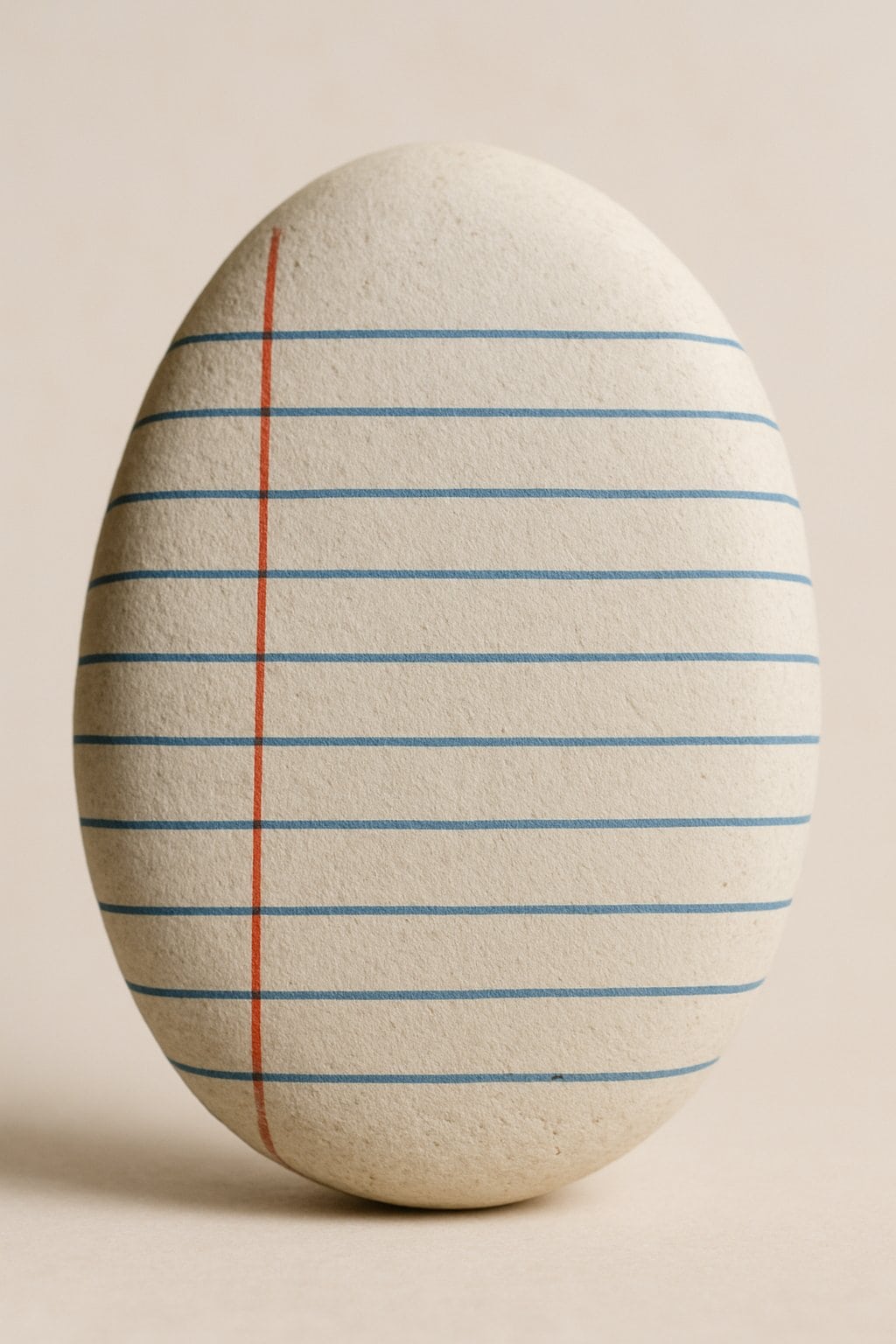 A single smooth river rock painted with horizontal lines, photographed close-up against a plain background.