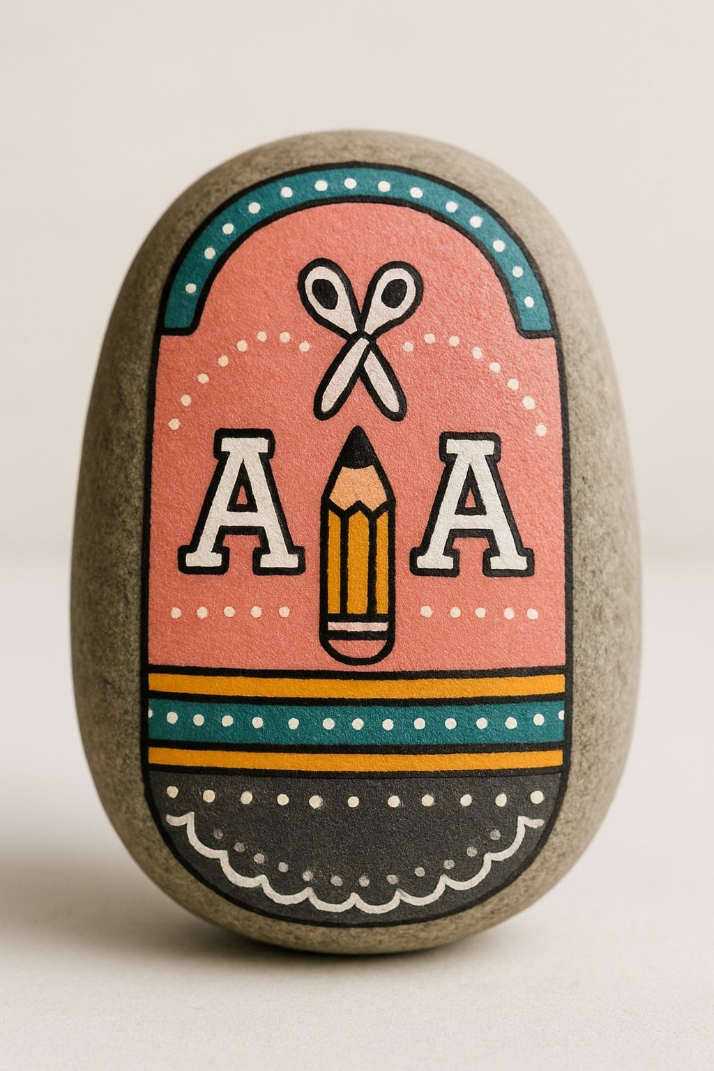 A close-up photo of one painted smooth river rock with colorful, symmetrical designs on a plain background.