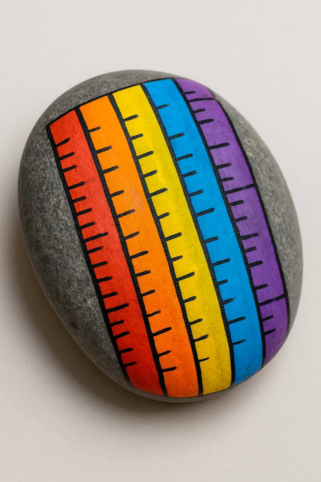 A single smooth river rock painted with colorful ruler stripes on a plain background.
