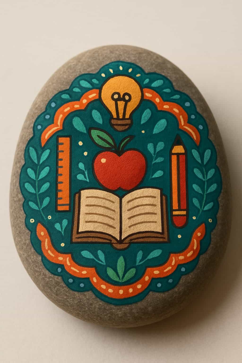 A close-up image of a single painted smooth river rock with symmetrical artistic designs on a plain background.