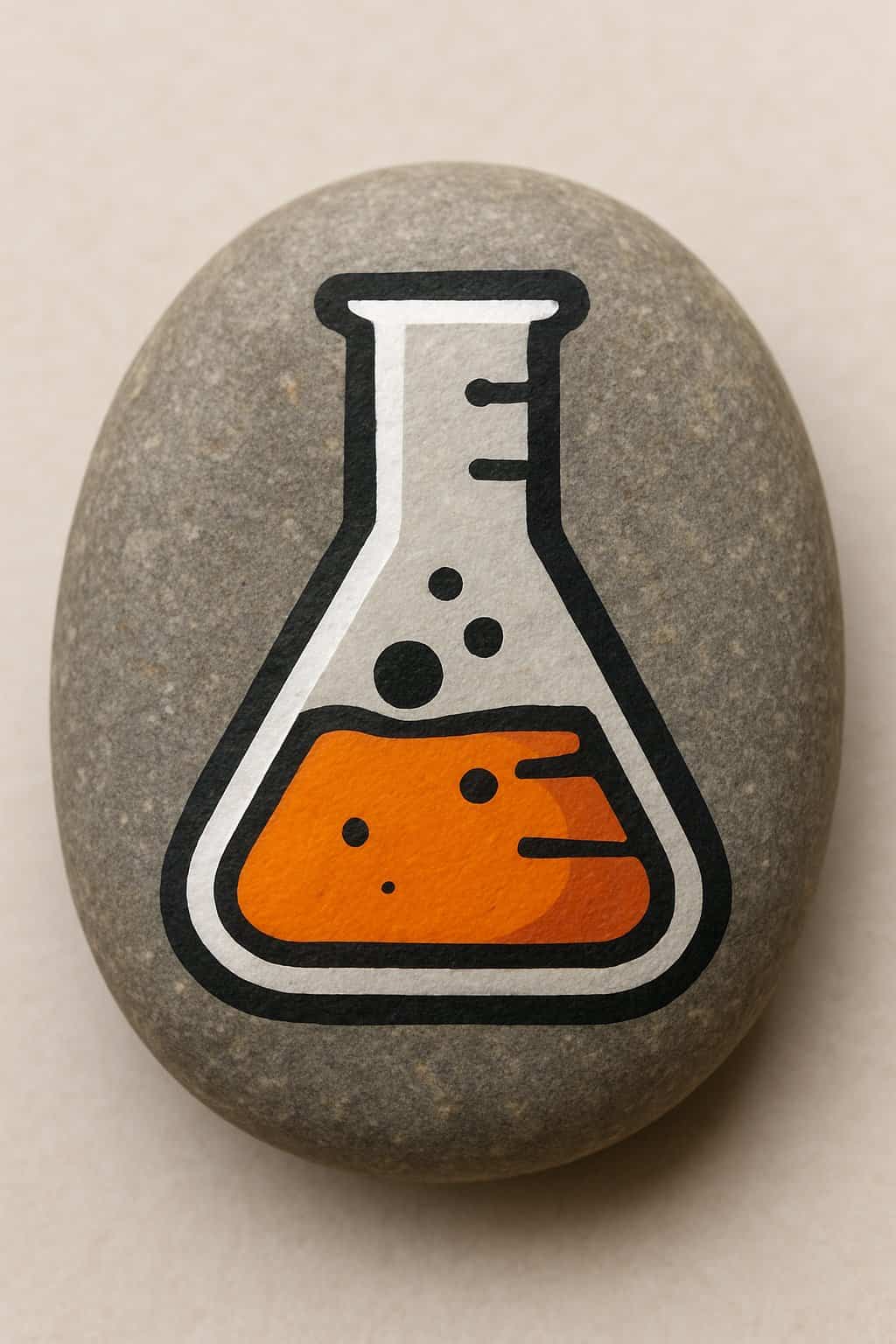 A single smooth river rock painted with a colorful science beaker design on a neutral background.