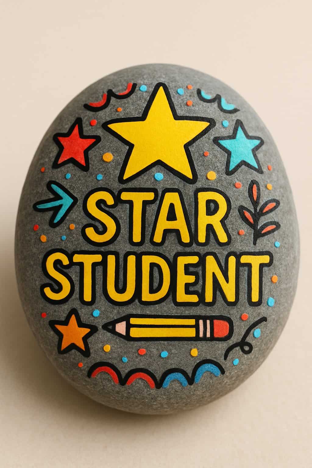 A single painted smooth river rock with colorful star-themed designs on a neutral background.