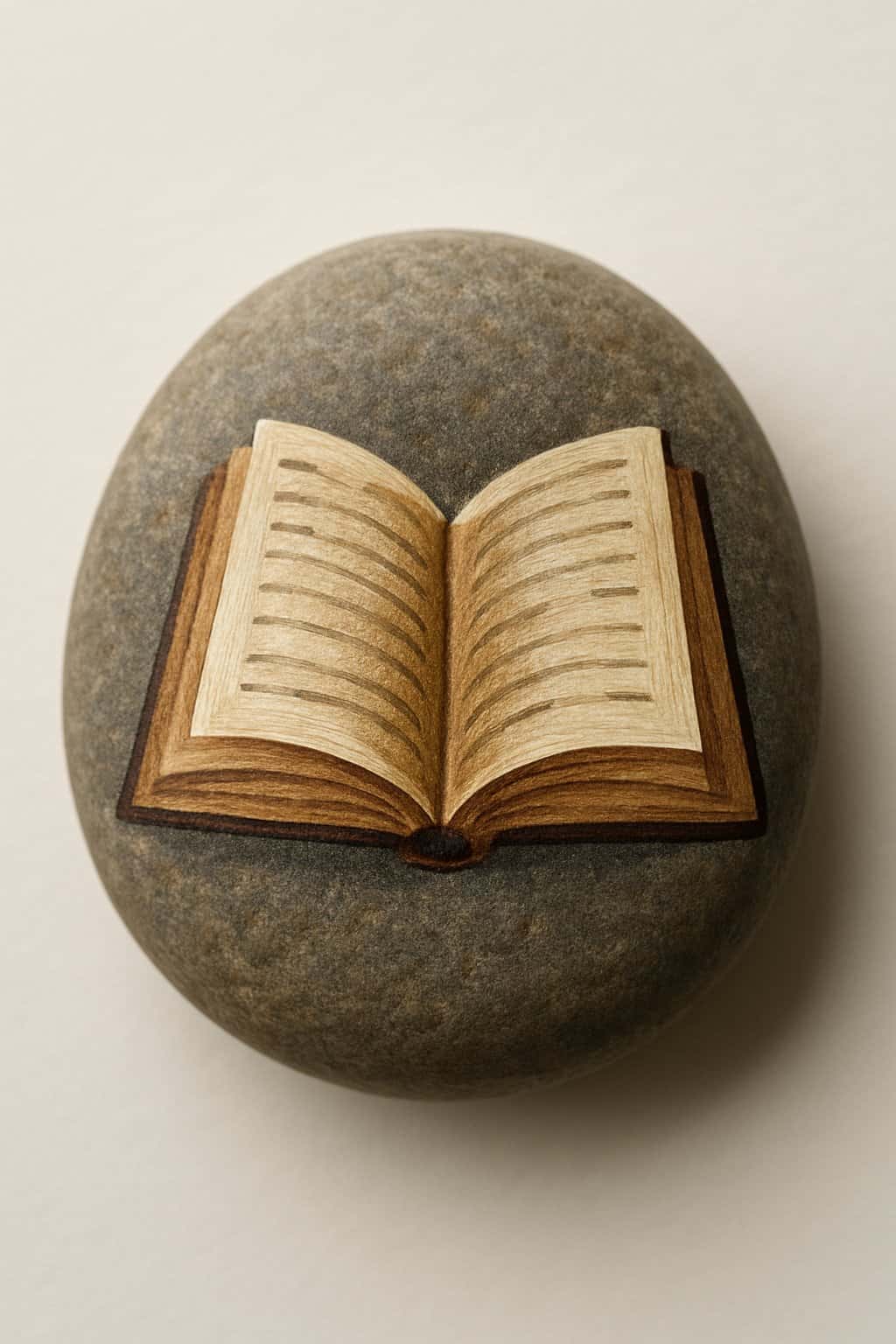 A single smooth river rock painted with an open book design on a neutral background.