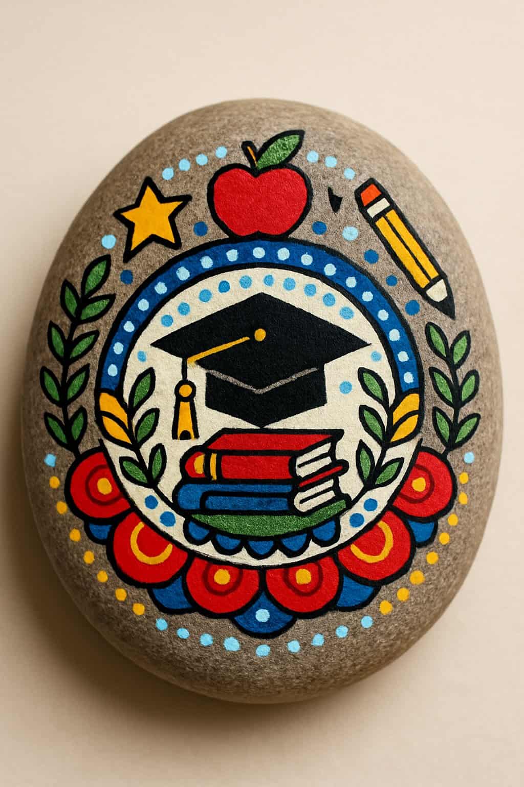 A close-up photo of a single painted smooth river rock with colorful symmetrical designs on a plain background.
