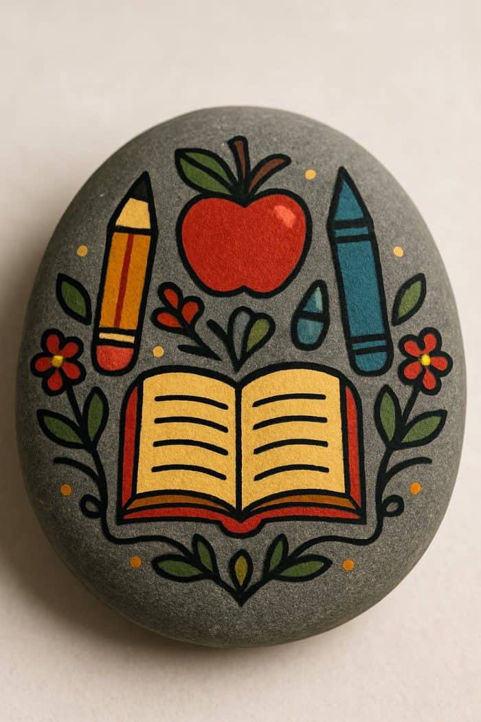 A smooth gray stone painted with a yellow open book, red pencil, blue crayon, red apple, green leaves, and small red flowers, all surrounded by decorative foliage.