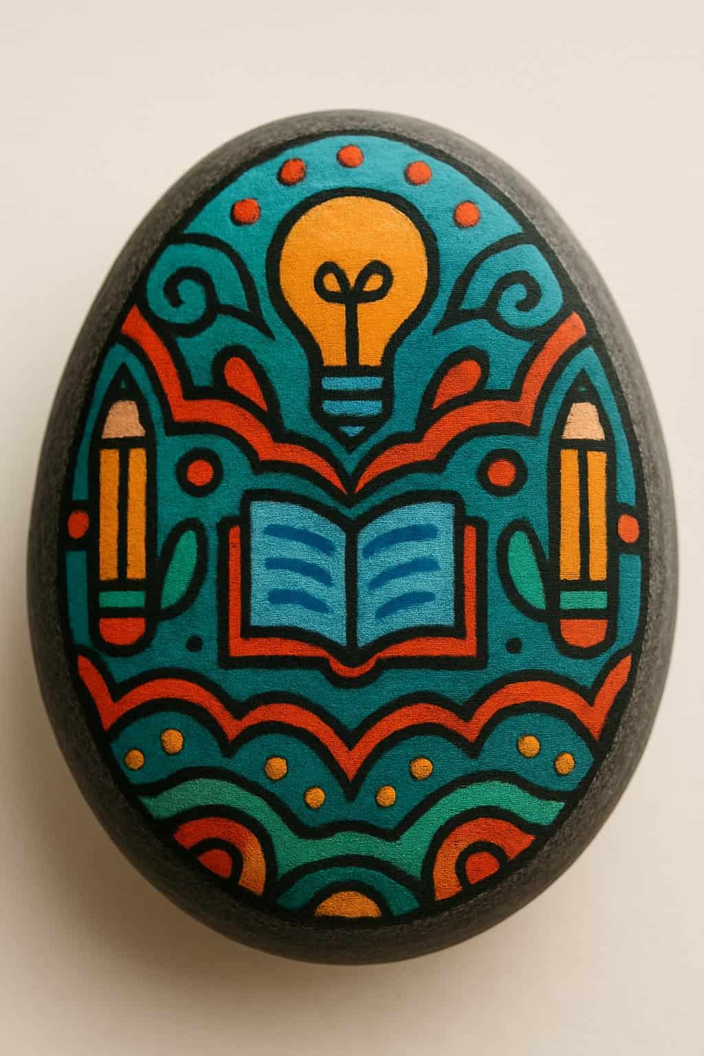 A close-up of a single smooth painted rock with colorful, symmetrical designs symbolizing learning, isolated on a plain background.