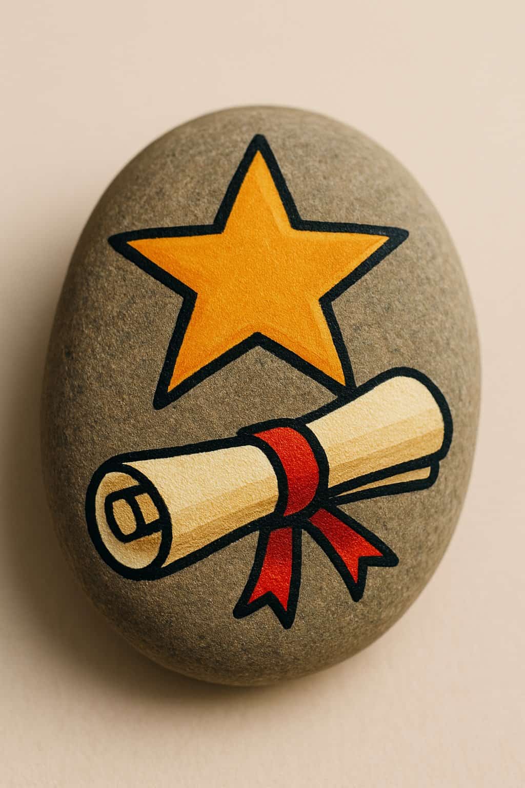 A single painted river rock with a star and rolled diploma design on a neutral background.