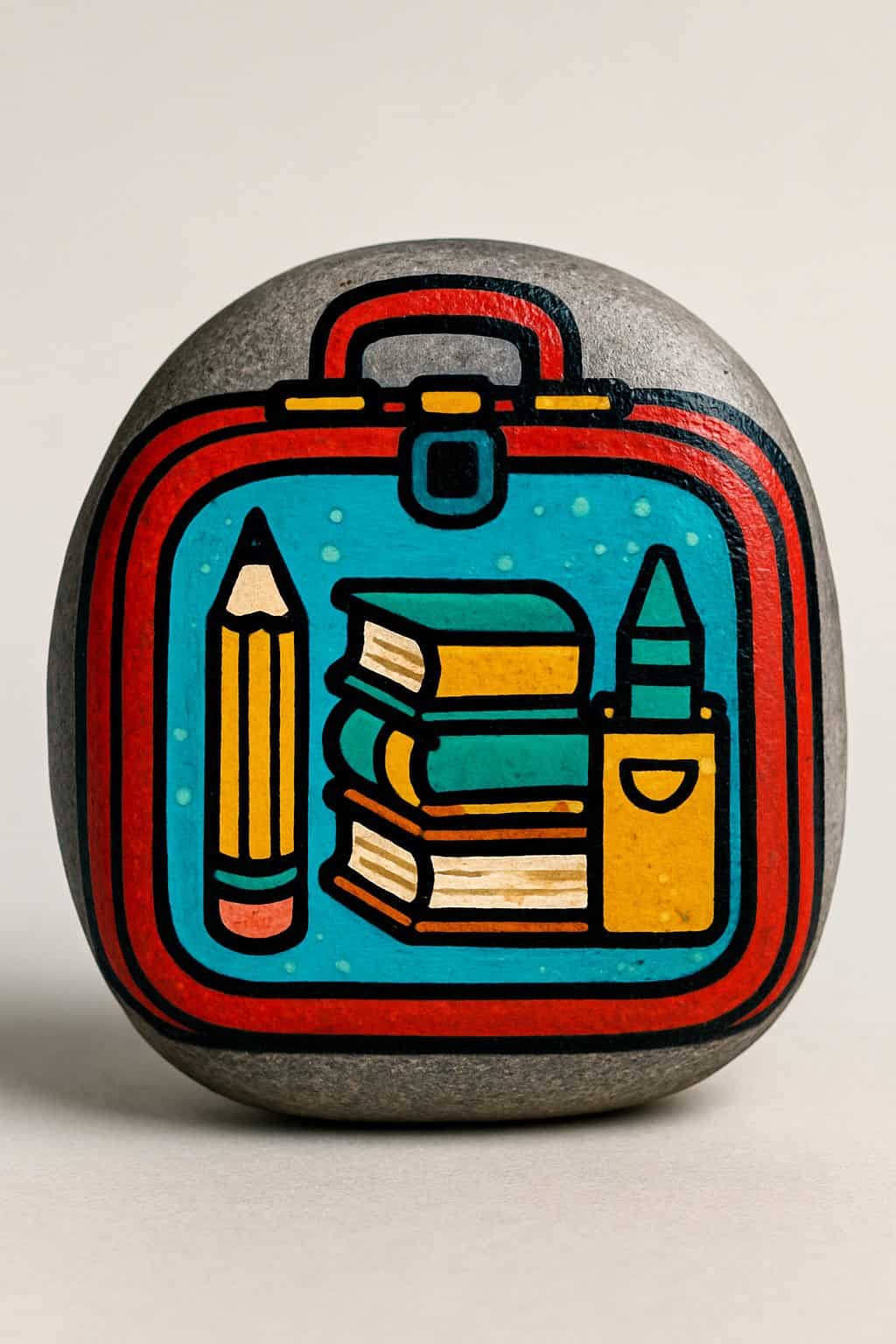 A single painted rock shaped like a lunchbox on a plain background.