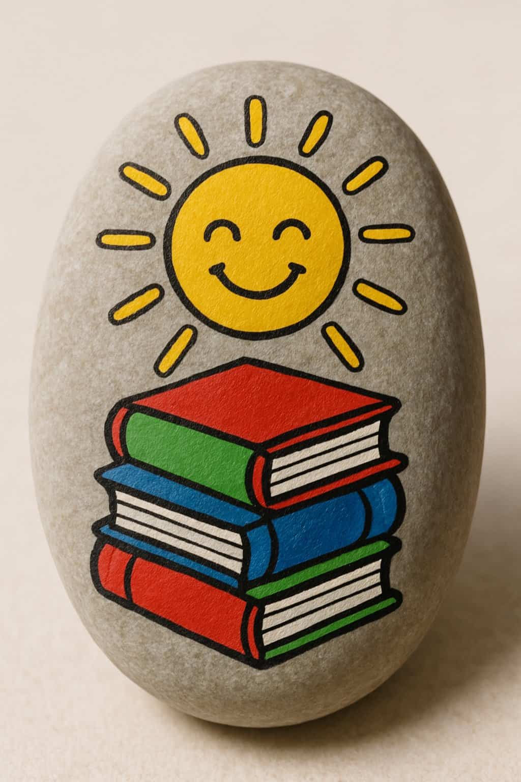 A single painted rock with a smiling sun and colorful books on a plain background.
