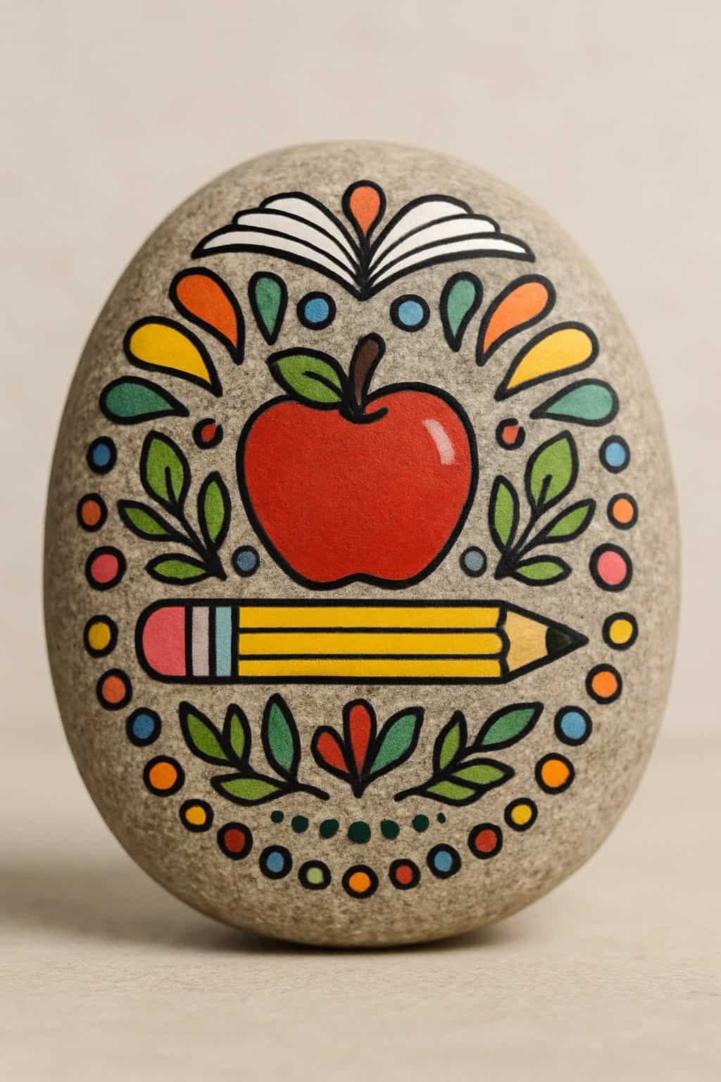A close-up image of a single painted smooth river rock with colorful symmetrical designs on a plain neutral background.