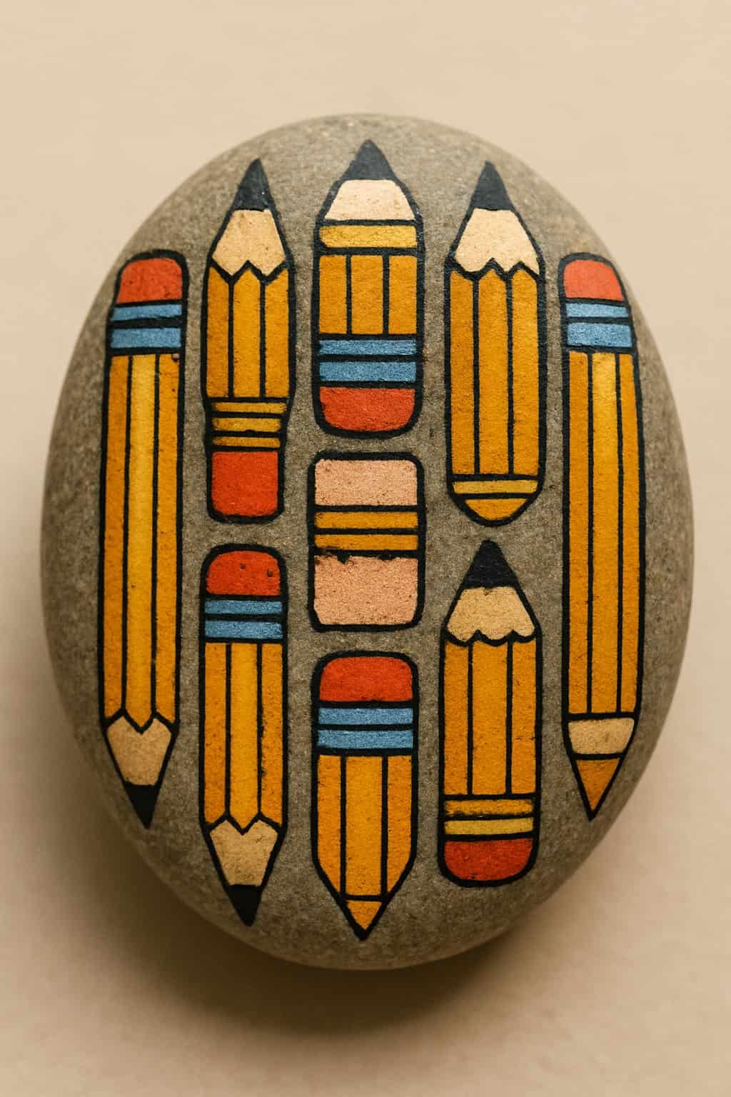 A close-up image of a single painted rock showing detailed drawings of pencils and erasers on its surface.