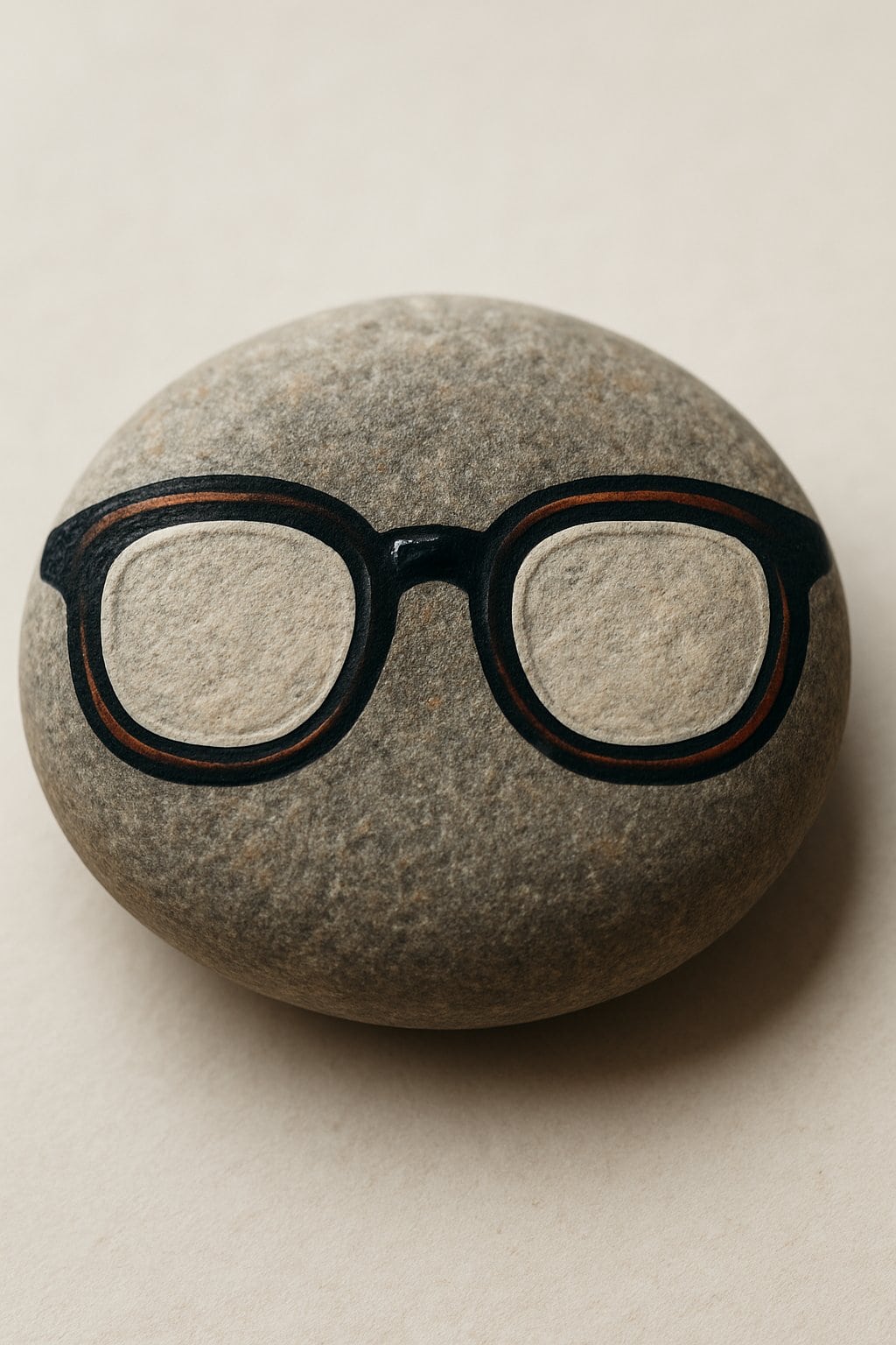 A single painted rock shaped like a pair of glasses on a plain background.