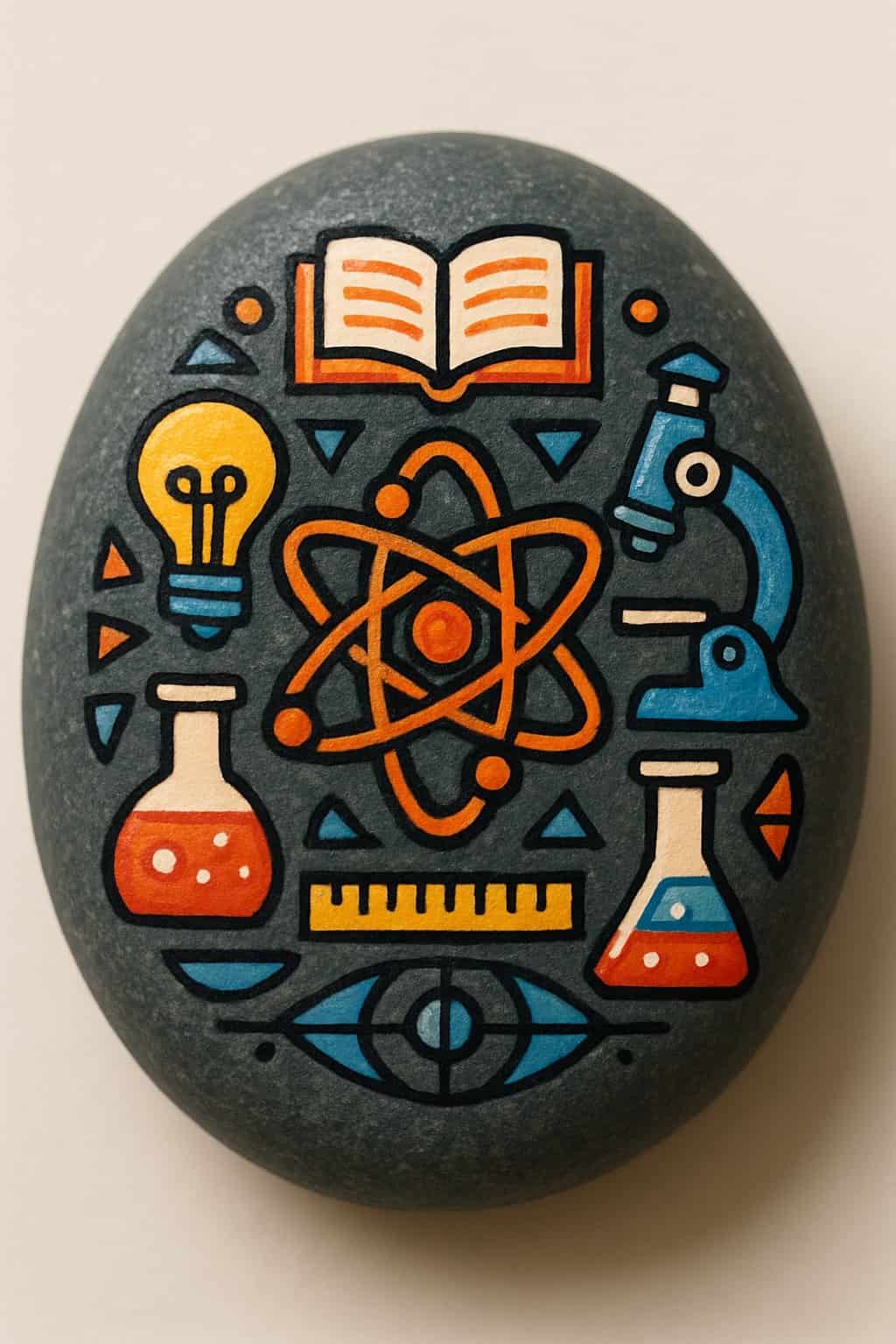 A close-up image of a single painted smooth river rock with a symmetrical artistic design on a plain neutral background.
