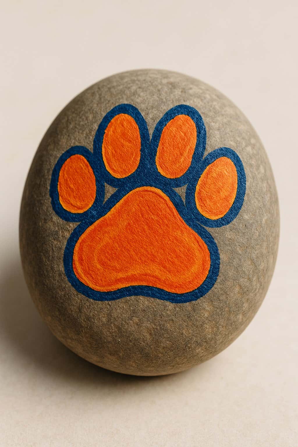 A close-up image of a single smooth river rock painted with a school mascot paw print on a plain background.