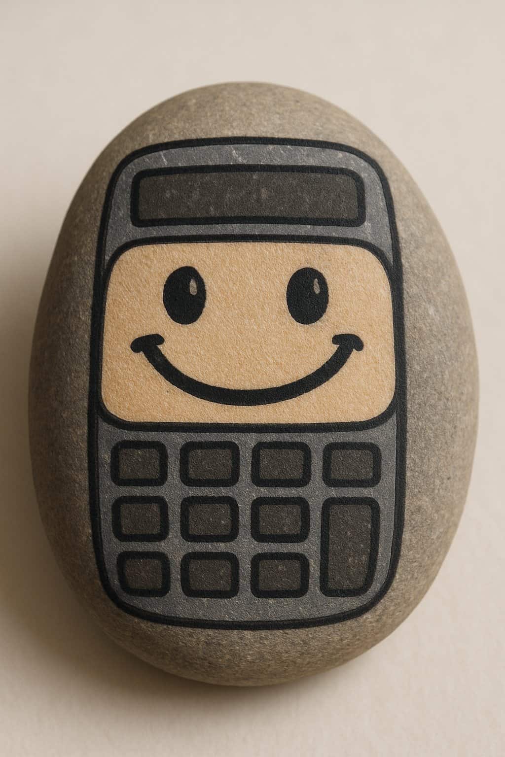 A single painted river rock with a smiley face resembling a calculator, shown against a plain background.