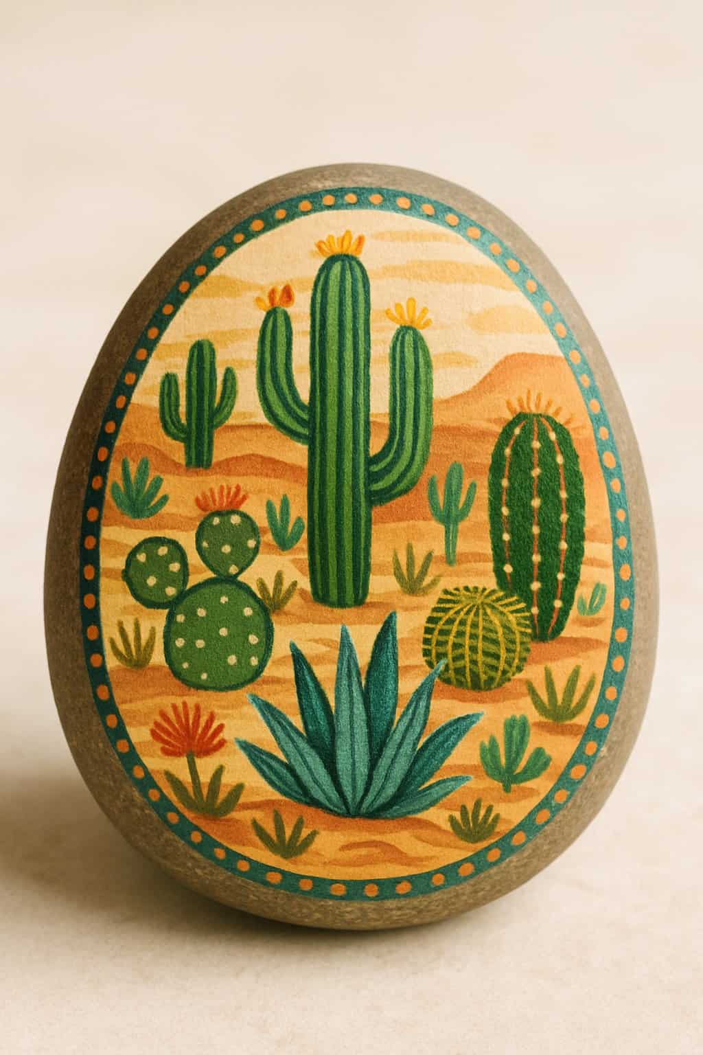 Close-up image of a painted flat rock featuring colorful cacti and desert scenes.