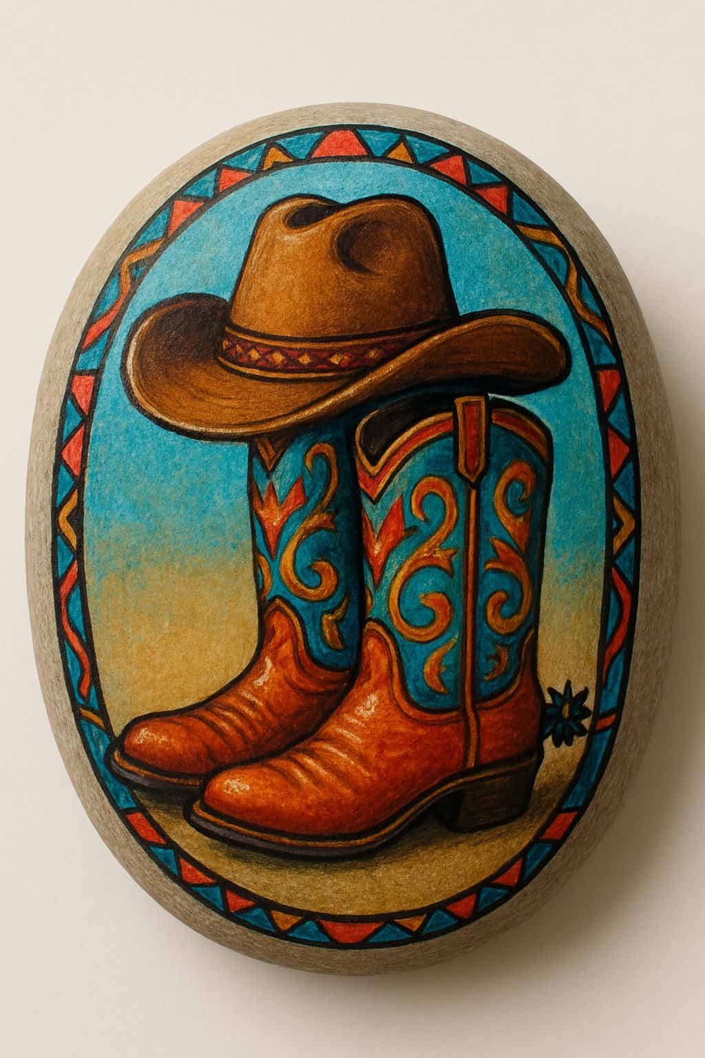 Close-up of a smooth river rock painted with a cowboy hat and boots design on a plain background.