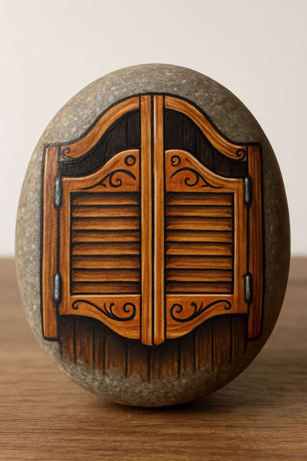 A close-up photo of a smooth oval rock painted to look like old west saloon doors.