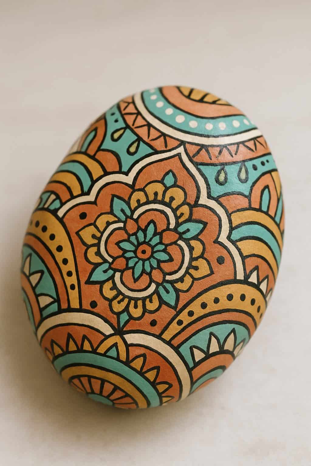 Close-up photo of a single painted smooth river rock with colorful symmetrical patterns on a plain background.