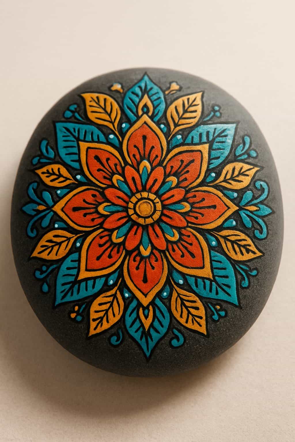 A close-up photo of a single painted rock with a detailed floral mandala design on a plain background.