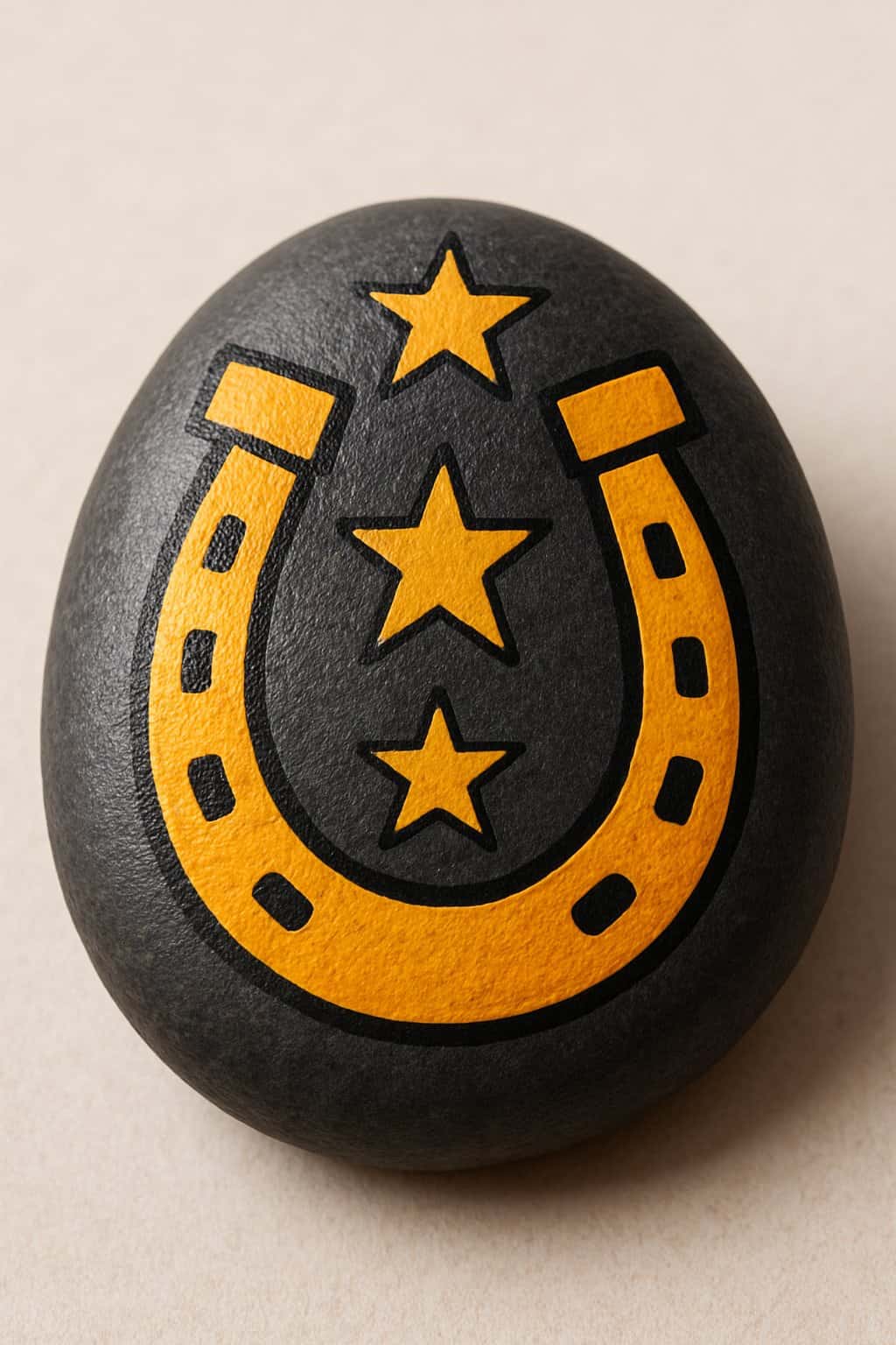 Close-up photo of a painted river rock with horseshoe and star designs on a plain background.
