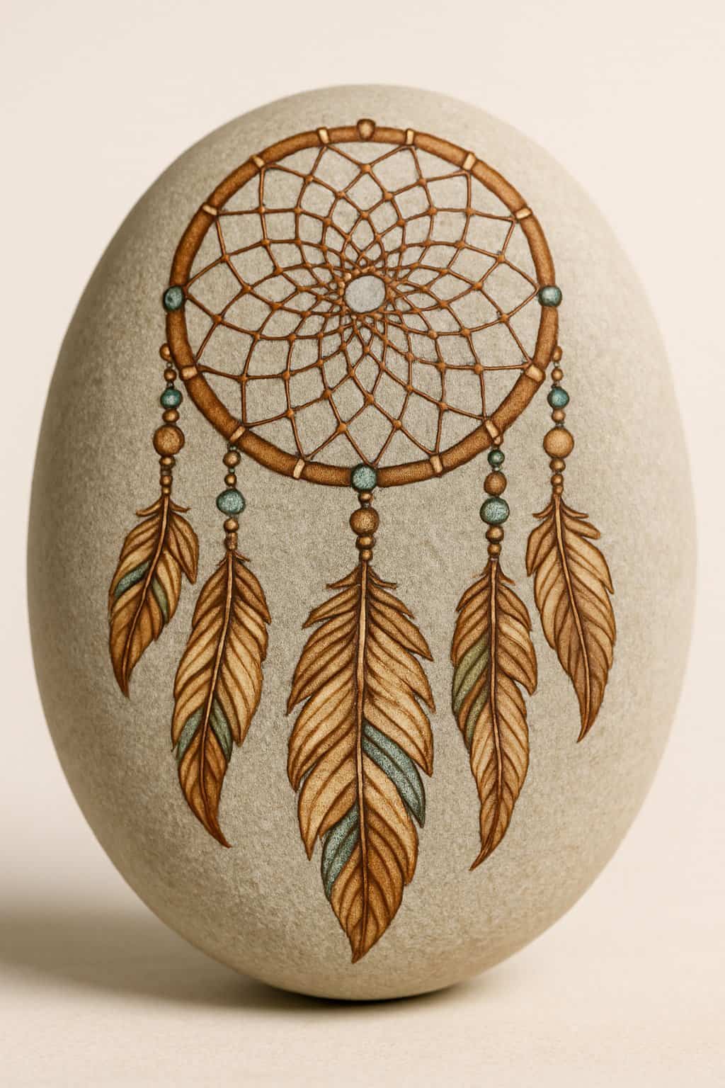 Close-up image of a painted river rock with a detailed dreamcatcher design on a plain background.