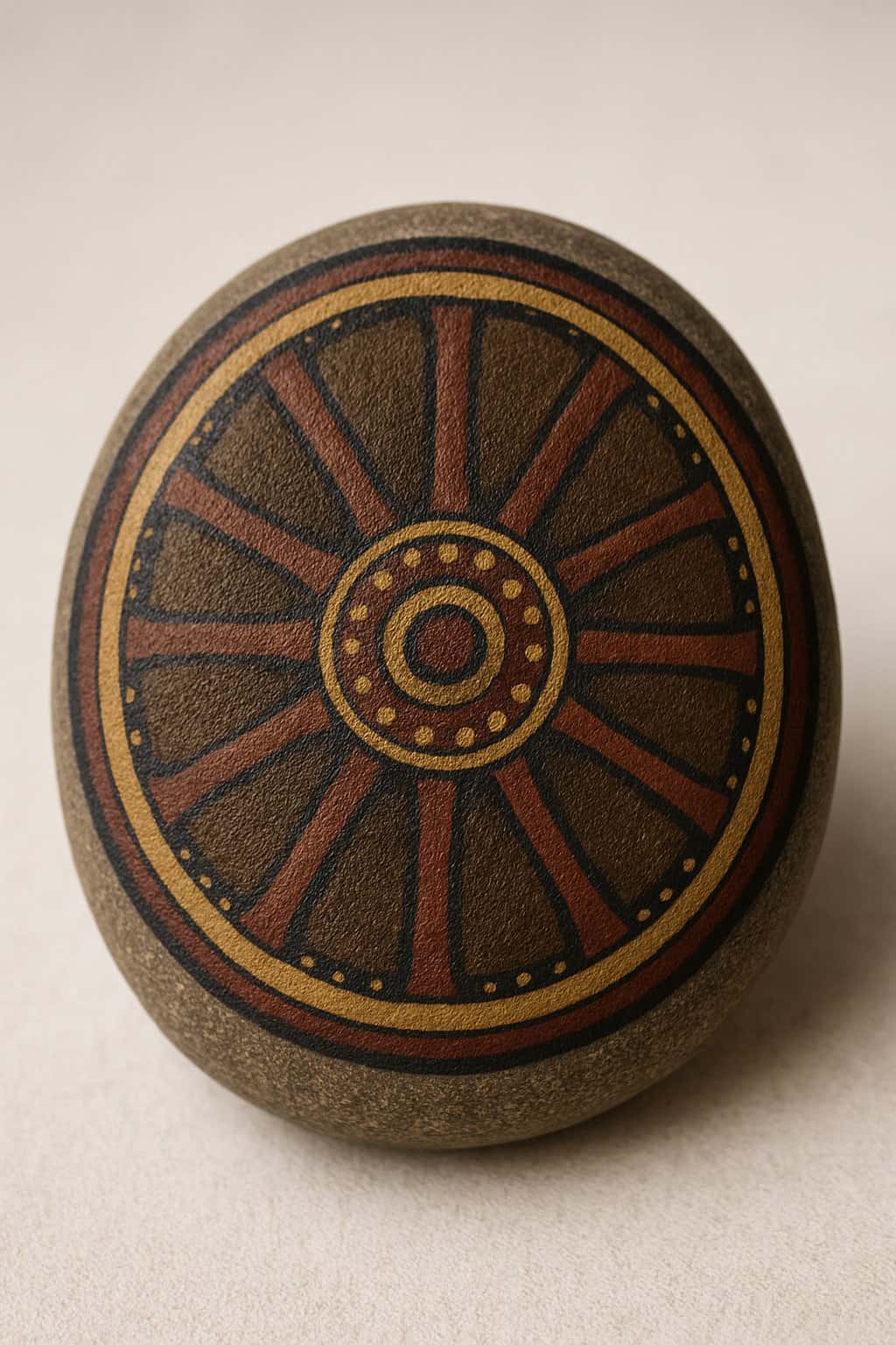 A close-up image of a smooth river rock painted to look like a wagon wheel with symmetrical designs and earthy colors on a plain background.