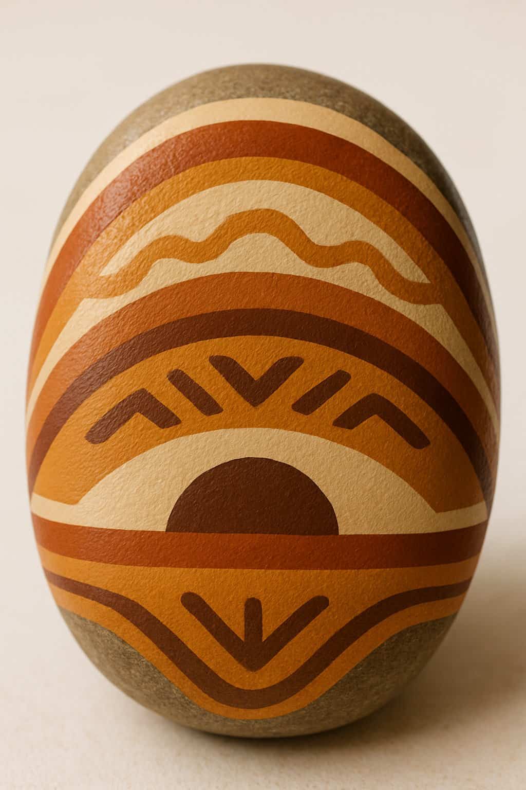 Close-up image of a smooth painted rock with layered earth tone stripes on a plain background.