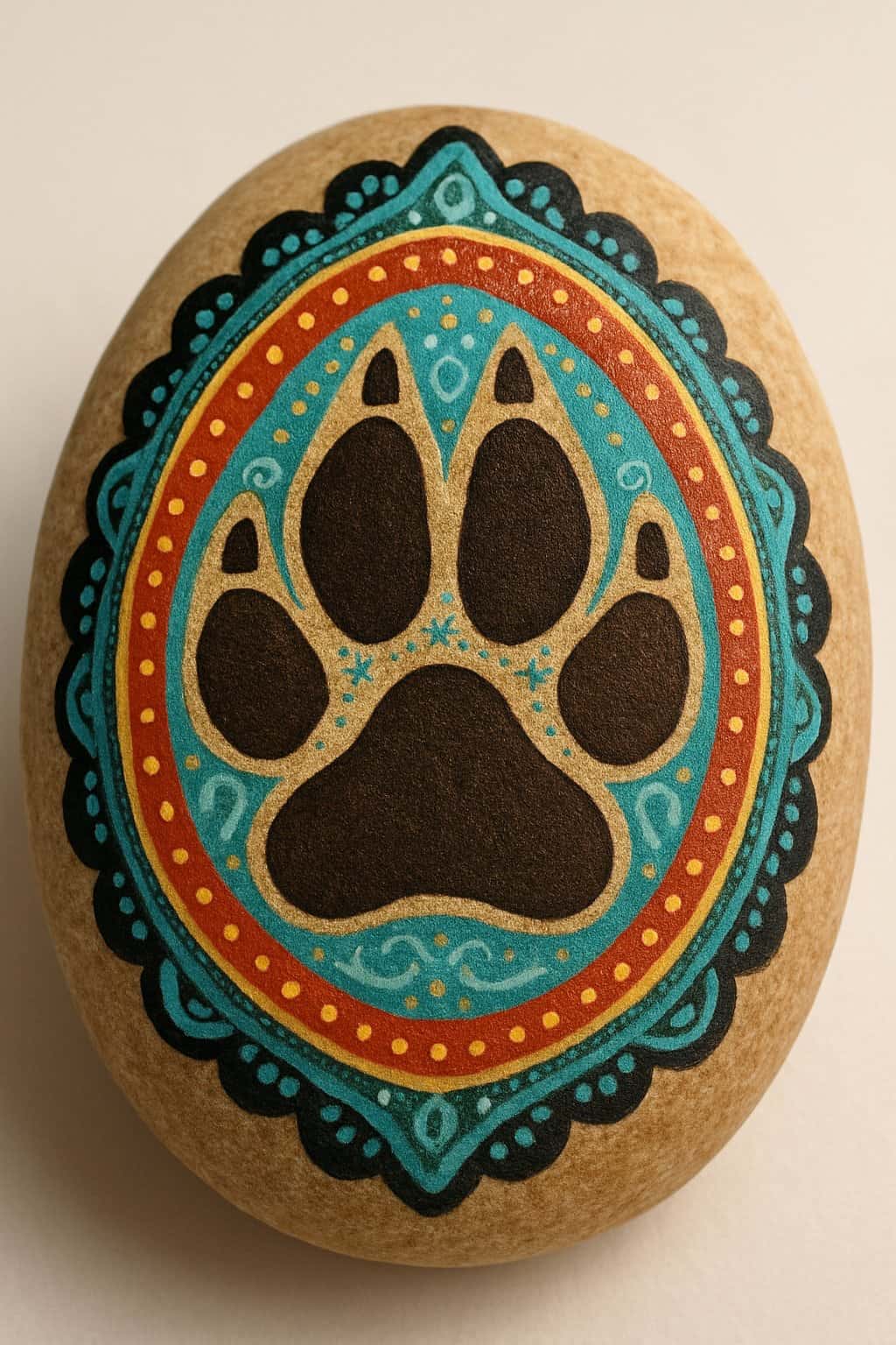 A close-up image of a smooth painted rock featuring a detailed western animal track design.