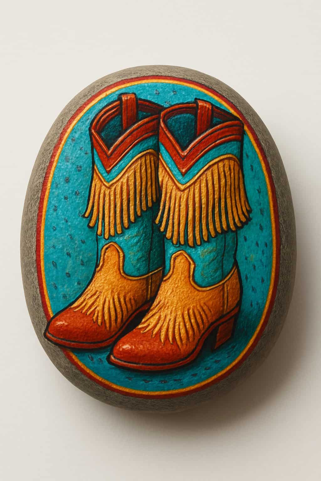 Close-up image of a smooth river rock painted with a detailed design of cowboy boots with fringe.