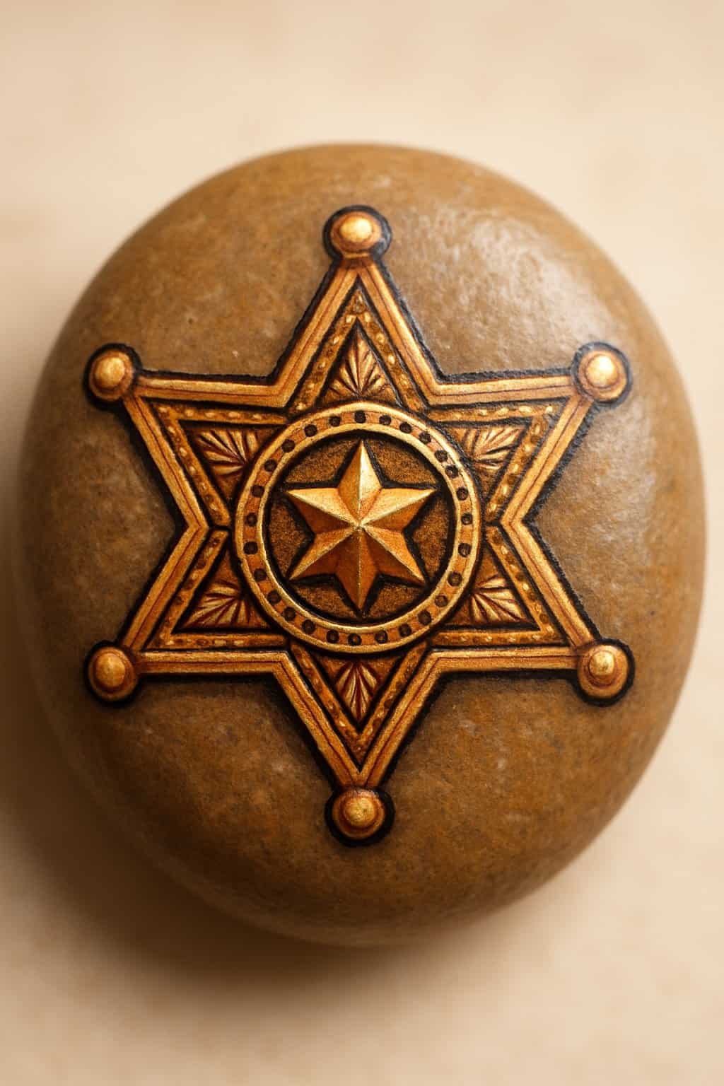 A close-up view of a smooth river rock painted with a detailed sheriff's badge design.