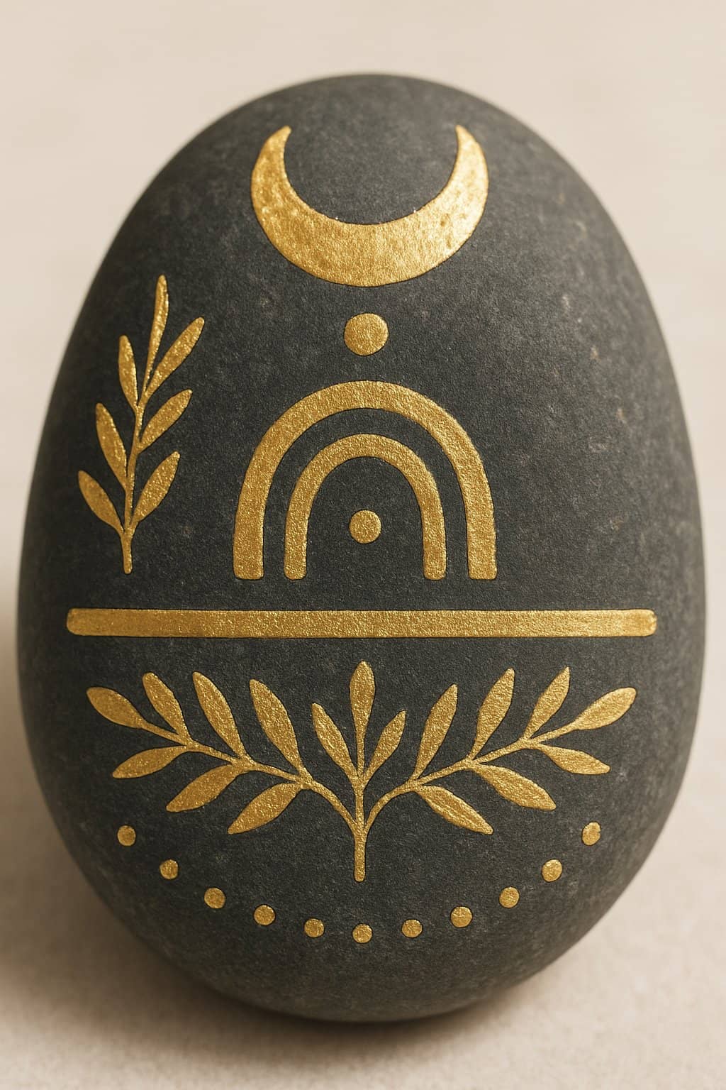 A close-up image of a smooth painted river rock with gold leaf accents on a plain background.