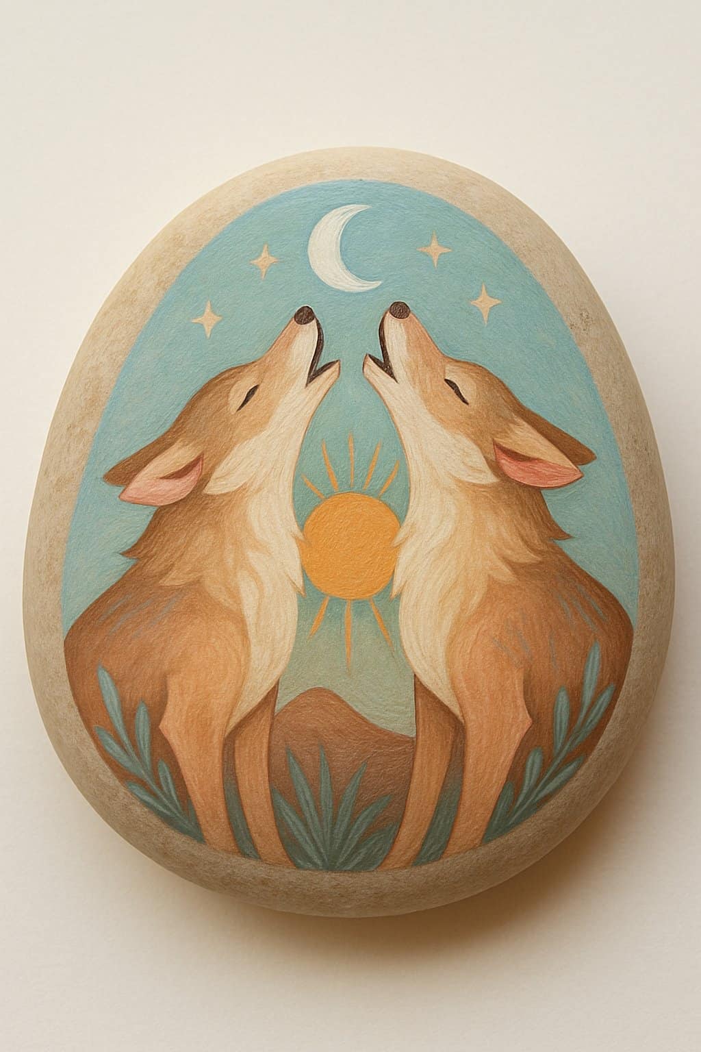 Close-up photo of a smooth river rock painted with coyotes howling.