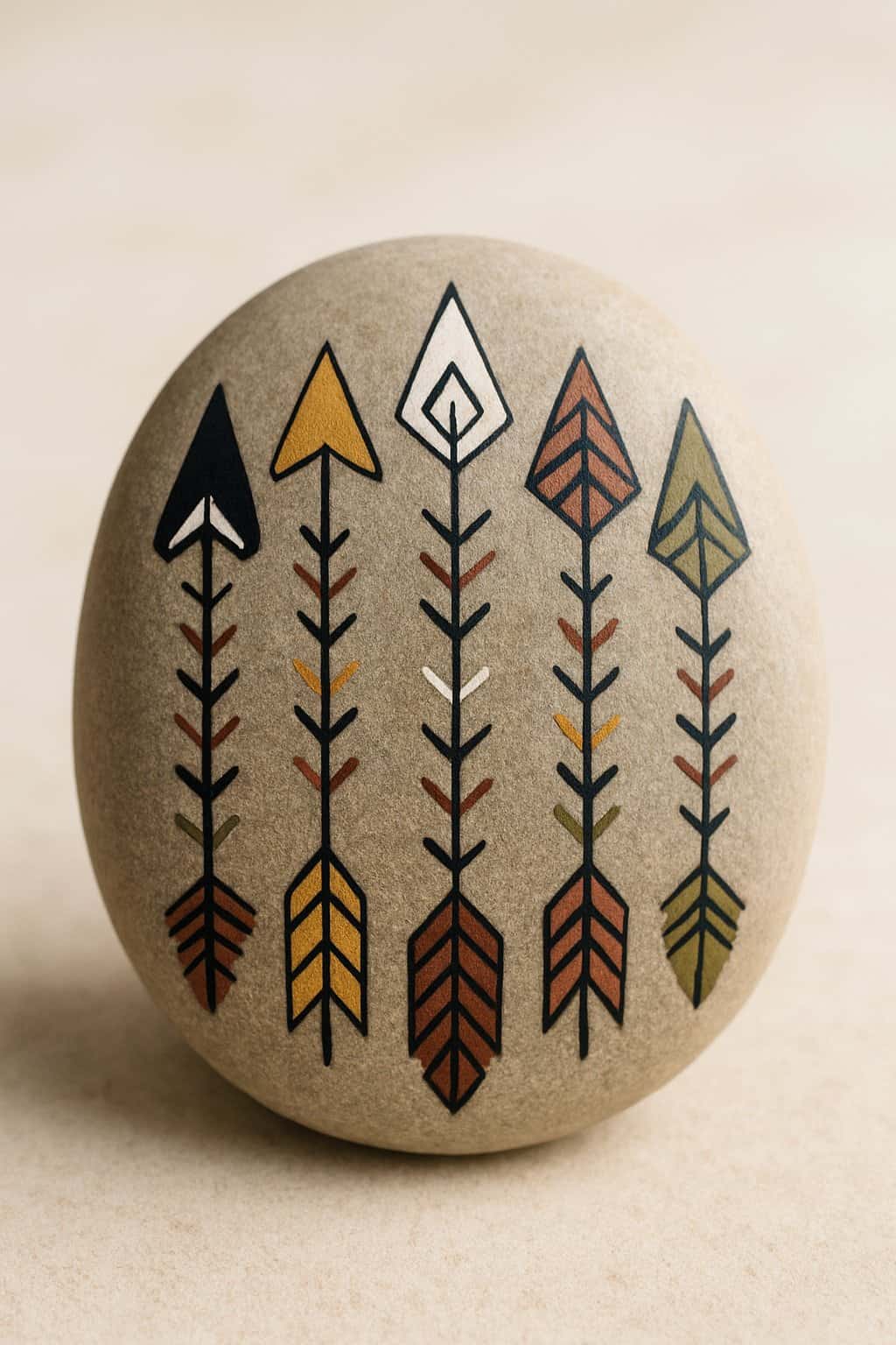 A close-up photo of a smooth painted rock with arrow designs on a plain background.