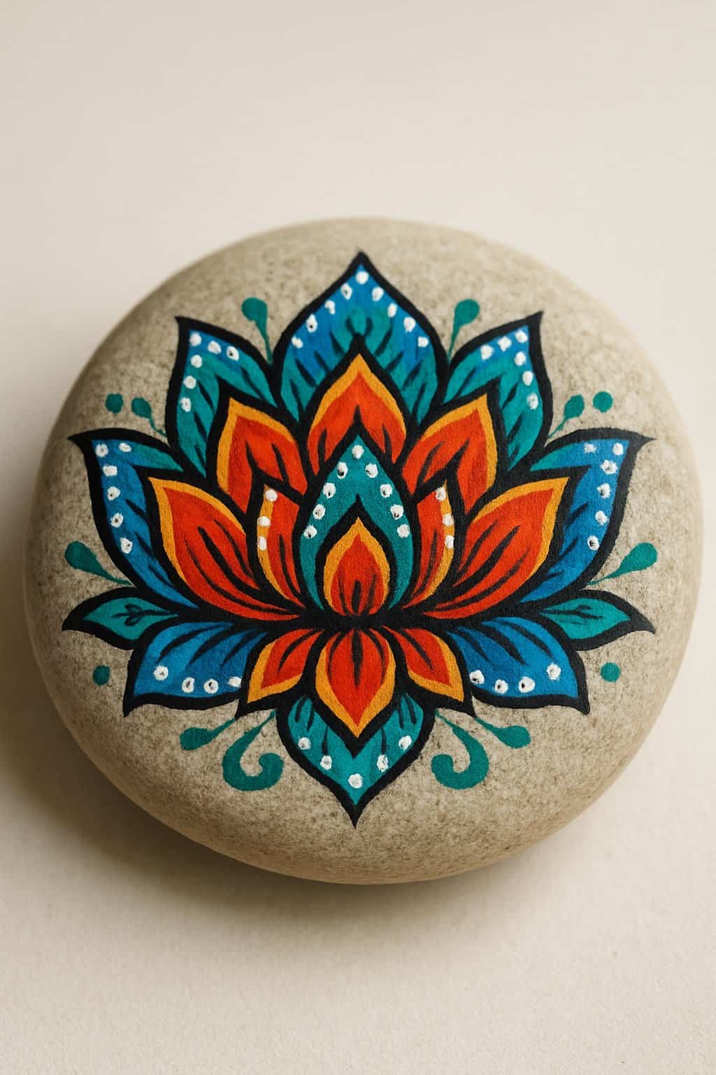 Close-up image of a single painted rock with a detailed lotus flower design on a plain background.