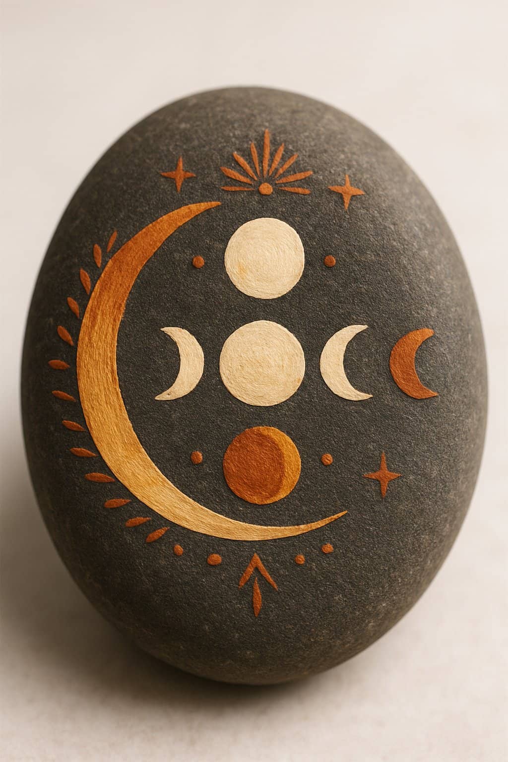 A close-up photo of a smooth painted rock featuring crescent moon phases arranged in a crescent shape on its surface.