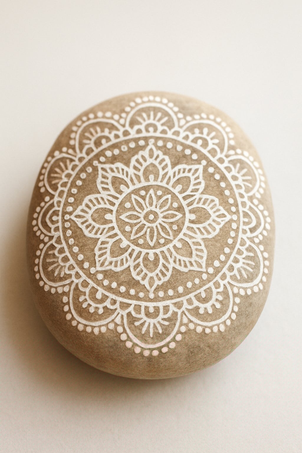 Close-up photo of a single painted river rock with a detailed lace pattern on a plain background.