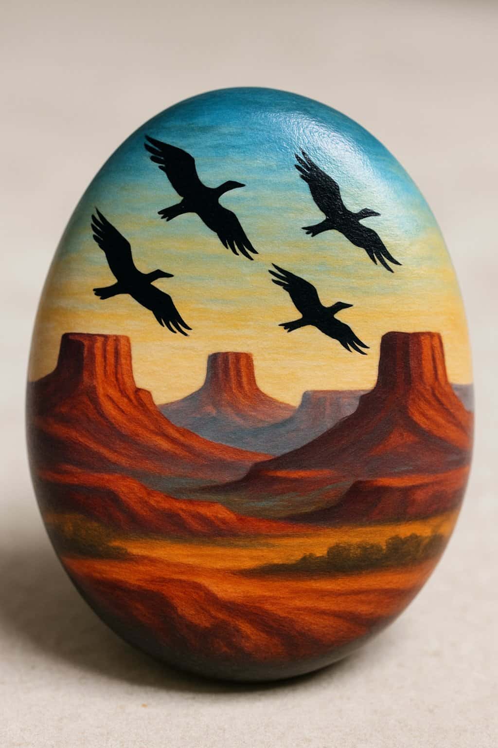 A close-up image of a painted river rock showing birds flying over mesas.